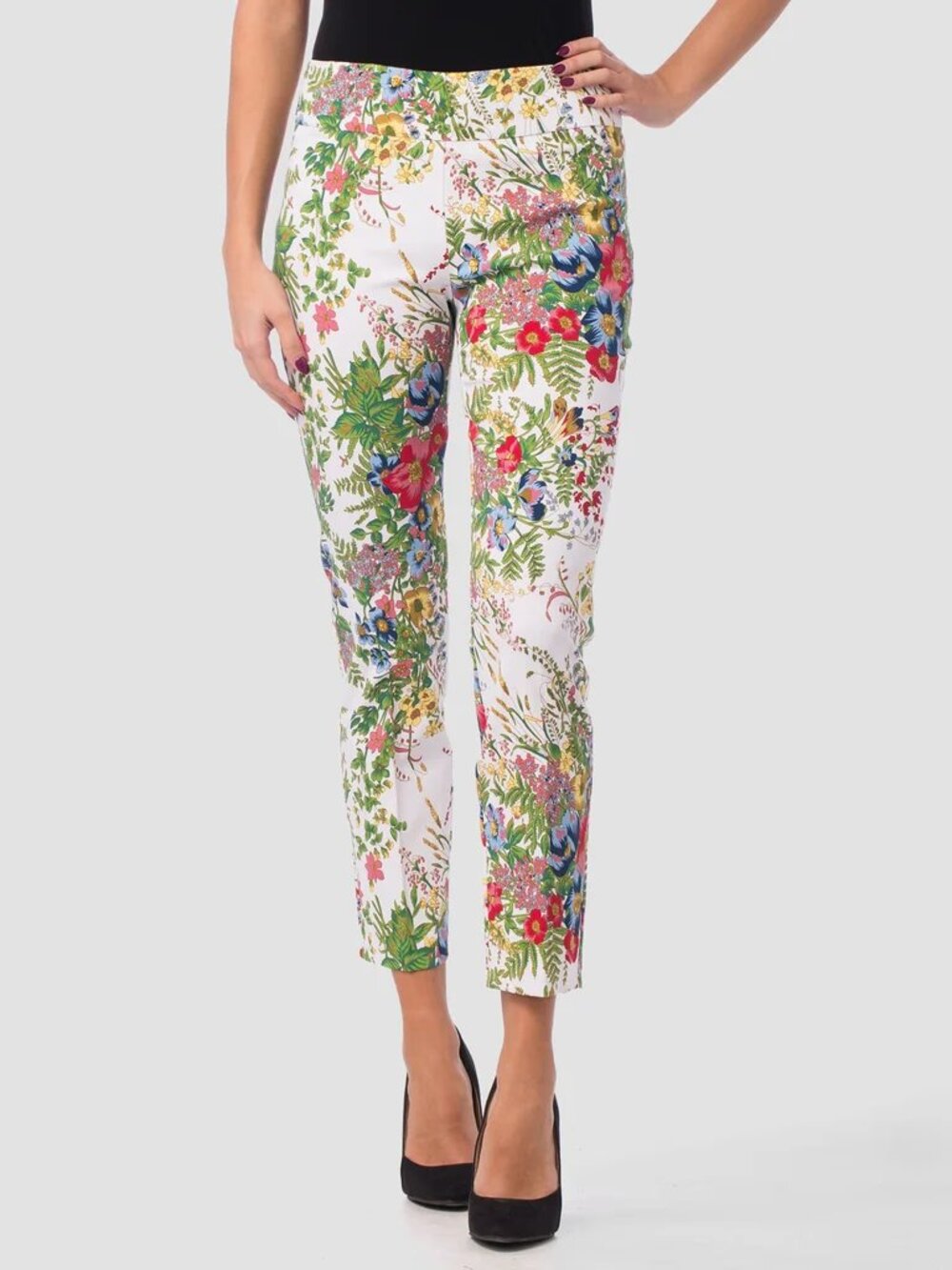 Joseph Ribkoff Floral Cropped Pants White Floral Print Stretch Capri